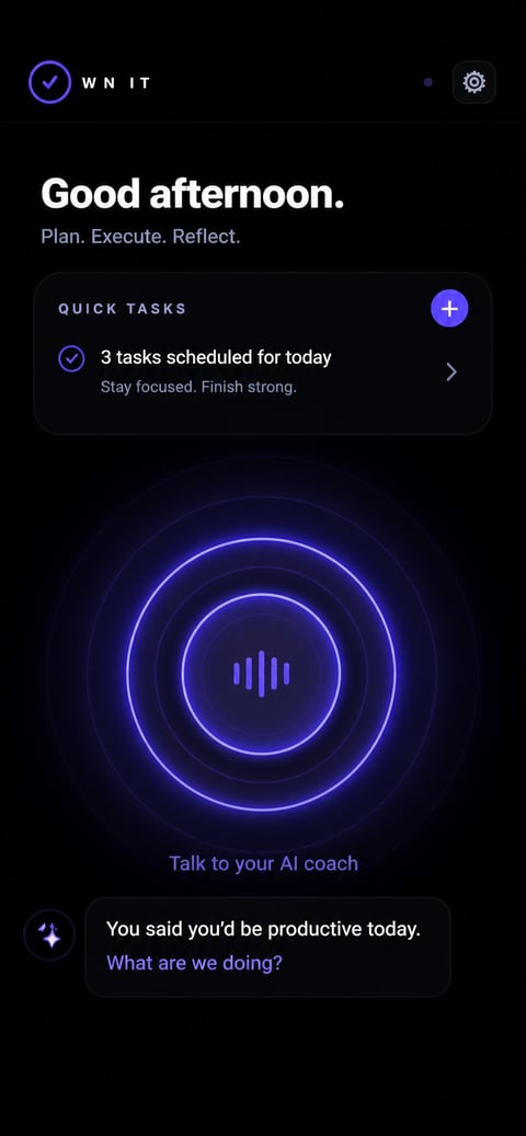 OWNIT productivity app interface showing daily tasks, AI coach voice feature, and motivational messaging on dark theme