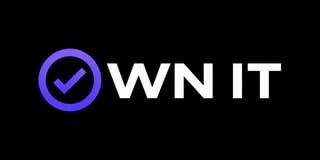 OWN IT logo with blue checkmark circle icon and white text on black background